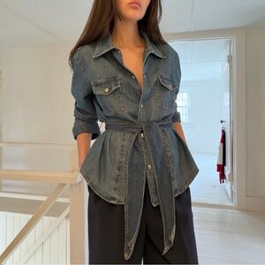 Jones New York Vintage 90s Chambray Denim Belted Shirt Size L